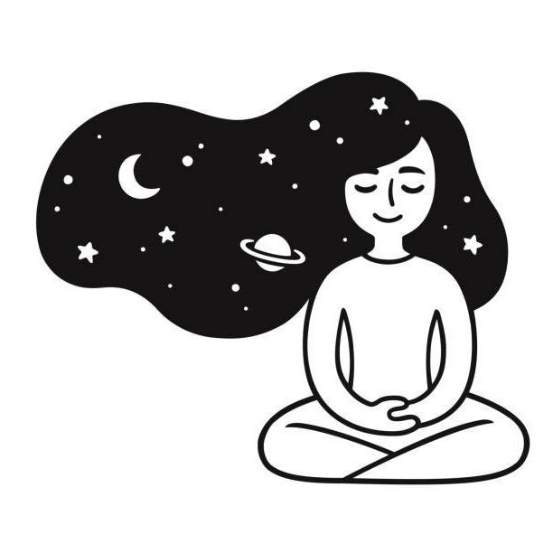 girl sitting peacefully with her eyes closed with the night sky flowing through her hair